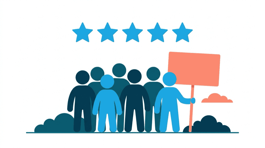 Illustration: a row of five stars above a small crowd of figures, with a large blank placard standing beside them