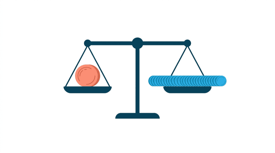 Illustration: one large coin on one side of a balance and a long row of tiny coins on the other, the balance level