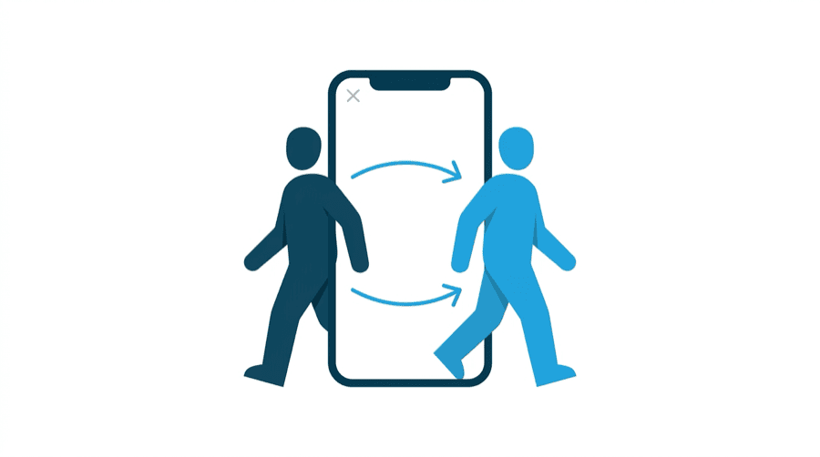 Illustration: a phone screen with a small faint cross in the top corner and a figure walking out of the frame and back in again