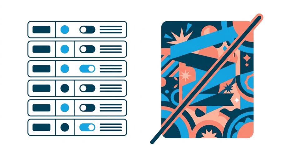 Illustration: a plain system-style panel with simple rows beside a heavily decorated poster-like panel crossed out