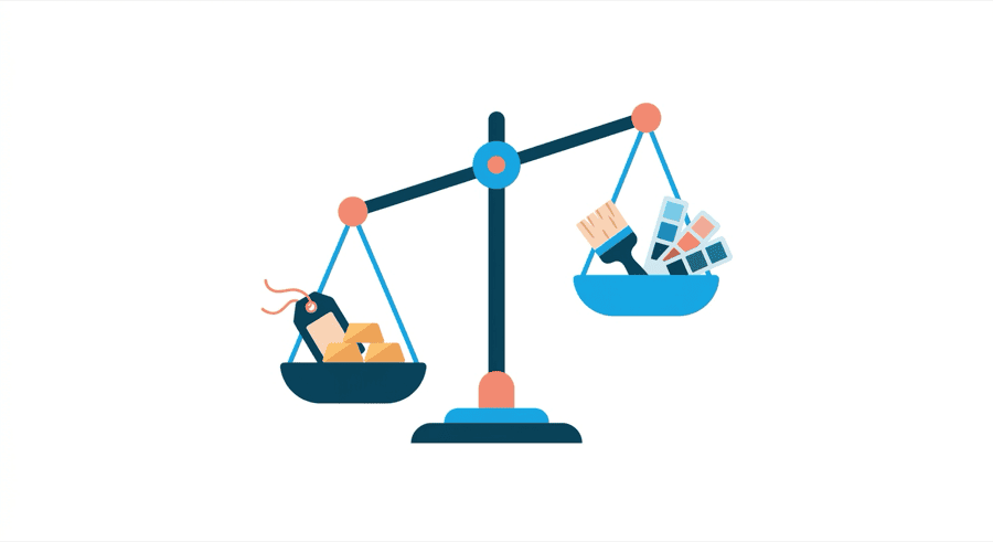Illustration: a price tag and a set of plan bars on one side of a scale far outweighing a paintbrush and colour swatch on the other