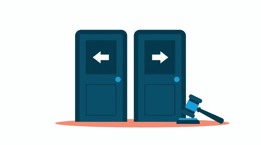 Illustration: two doors of equal size, one marked with an arrow going in and one with an arrow going out, and a gavel resting beside them