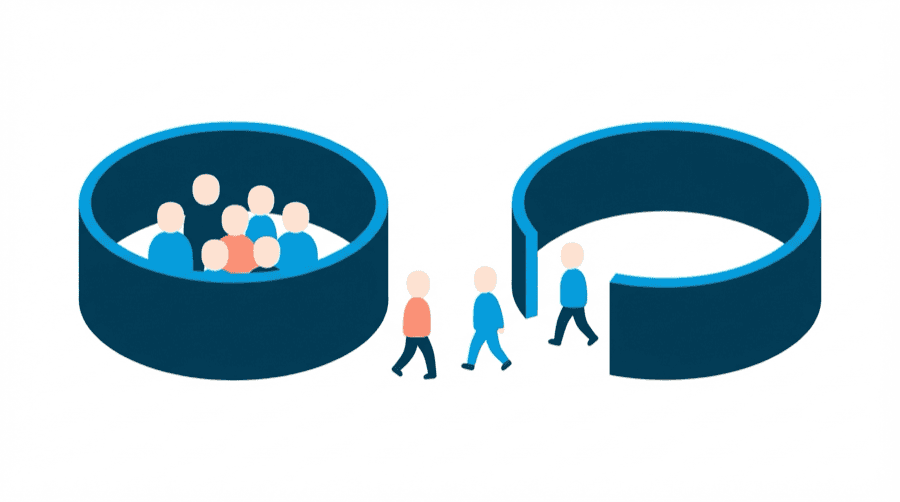 Illustration: two doors side by side, one solid and closed with a small crowd of figures at it, one wide open with a much larger crowd walking straight past
