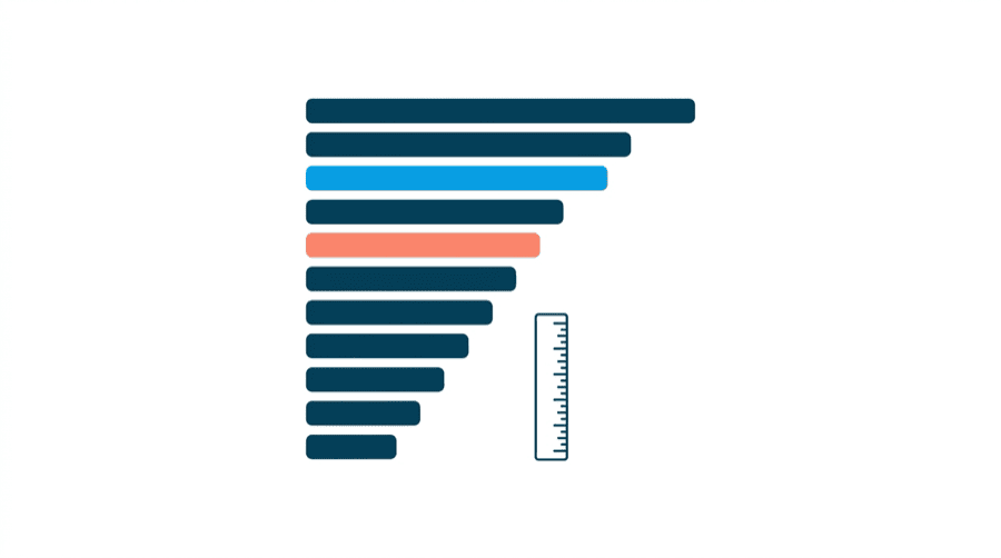 Illustration: a vertical list of plain bars of different lengths, sorted longest to shortest, beside a small ruler