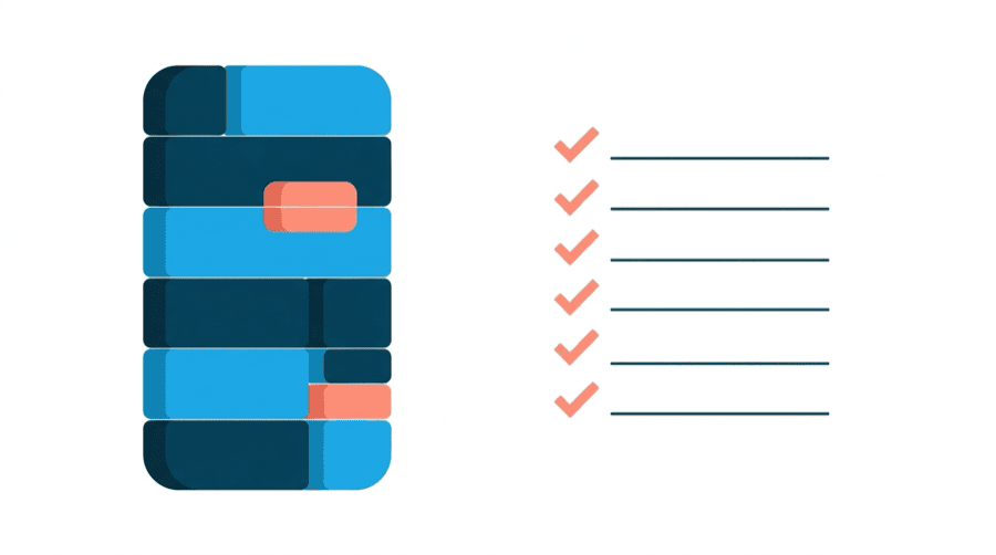Illustration: a single phone screen assembled from stacked plain blocks, with a checklist ticked off beside it
