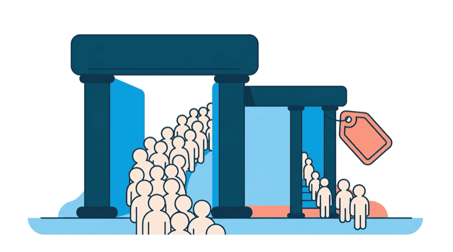 Illustration: a wide open gateway with a thick stream of figures flowing through it, beside a narrow gateway carrying a price tag with only a thin trickle entering