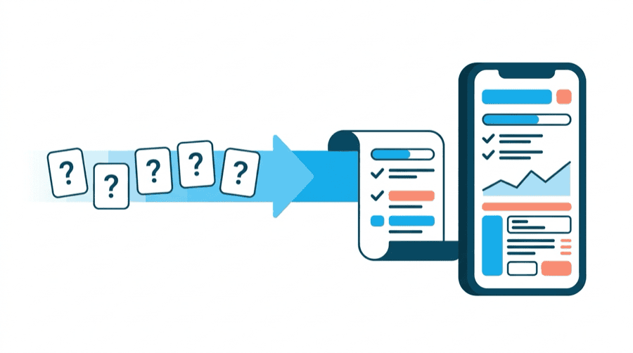 Illustration: a short row of question cards feeding into a document that unrolls into a personalised plan on a phone screen