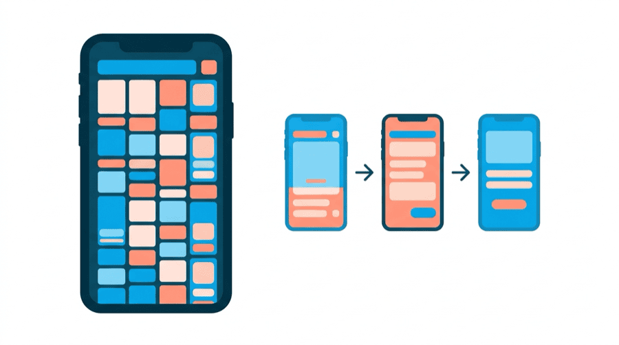 Illustration: one very tall crowded phone screen beside three short uncluttered phone screens arranged in a row with arrows between them
