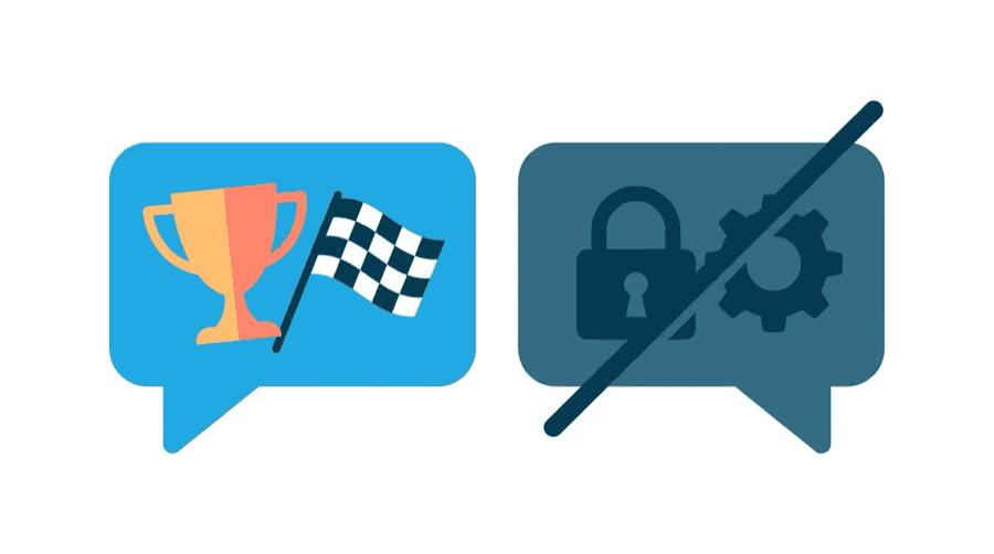 Illustration: a speech bubble containing a small trophy and finish flag, next to a crossed-out bubble containing a padlock and a gear