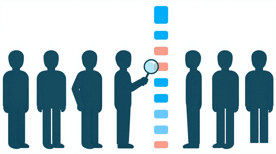 Illustration: a figure in a row of figures holding a magnifying glass up to a column of bars