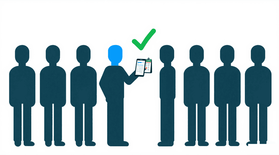 Illustration: a figure in a row of figures holding a phone, with a green check mark above