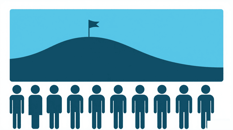 Illustration: a group of figures looking up at a board showing a hill shaped curve with a flag at its highest point