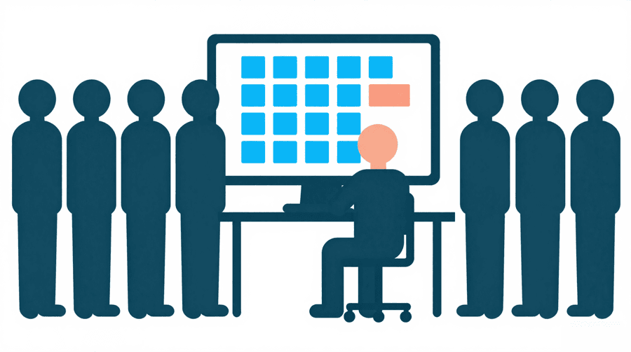 Illustration: a figure at a desk facing a screen of identical repeated tiles, with a crowd of figures standing on either side
