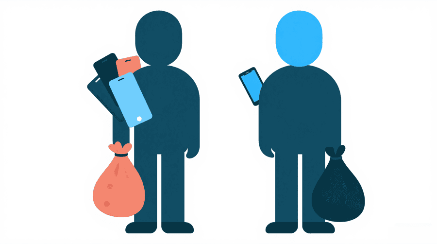 Illustration: two figures side by side, one carrying several phones and a full bag of coins, the other carrying one phone
