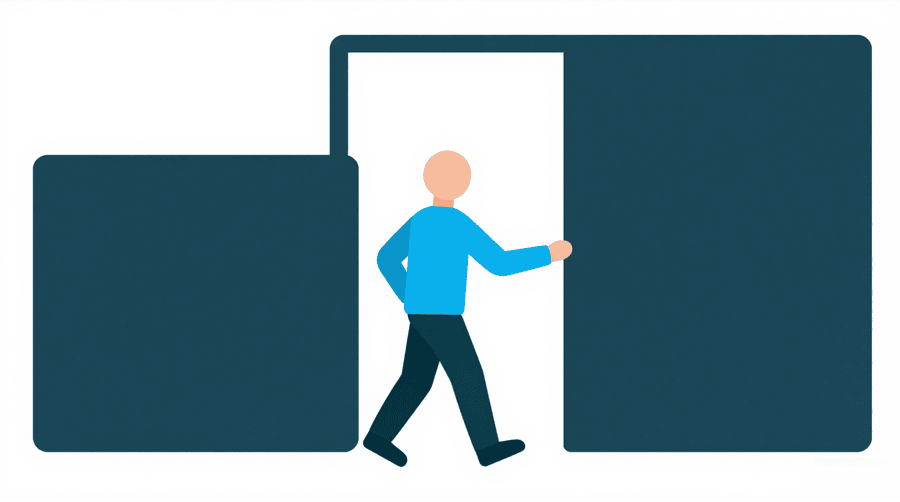 Illustration: a figure walking through a doorway between two large dark panels, pushing one panel aside
