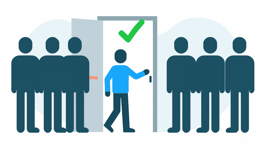 Illustration: a figure stepping through an open door under a green check mark, between two groups of figures