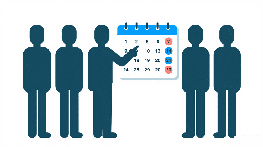 Illustration: a figure in a small group pointing at a wall calendar with a few days circled