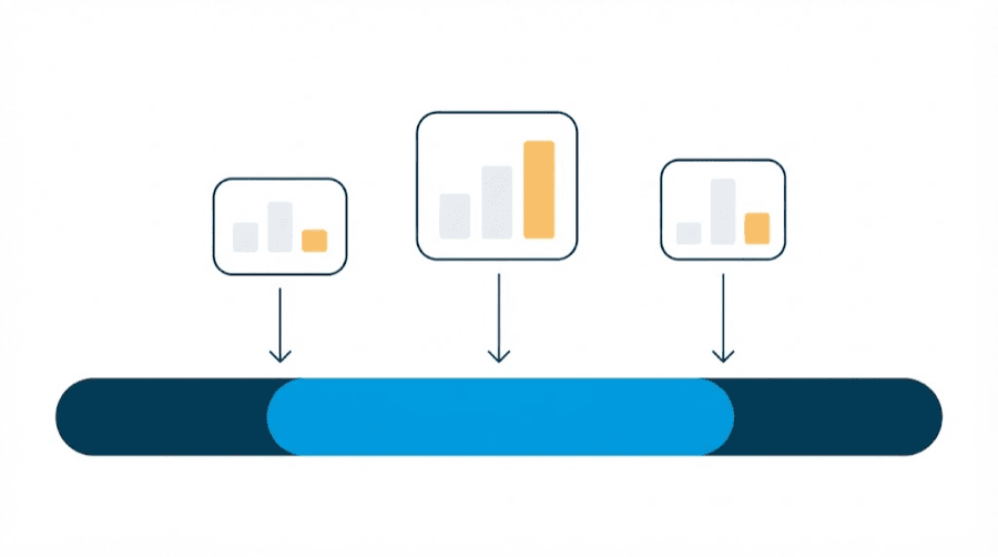 Illustration: three separate chart cards of different sizes, each with an arrow pointing down at the same horizontal strip representing one day, with the middle of the strip highlighted