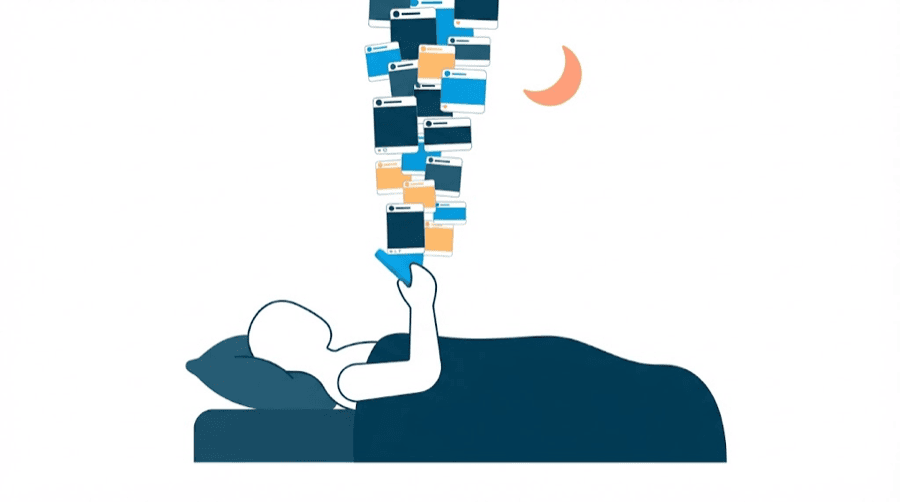 Illustration: a person lying in bed at night holding a phone, with a tall stack of identical post cards falling past the screen