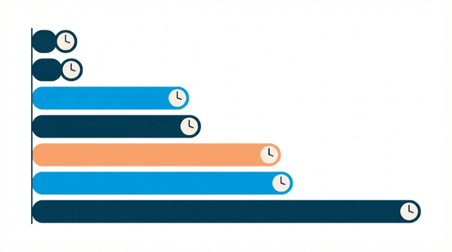 Illustration: seven horizontal bars of very different lengths beside small clock icons, showing how long a post keeps working on each platform