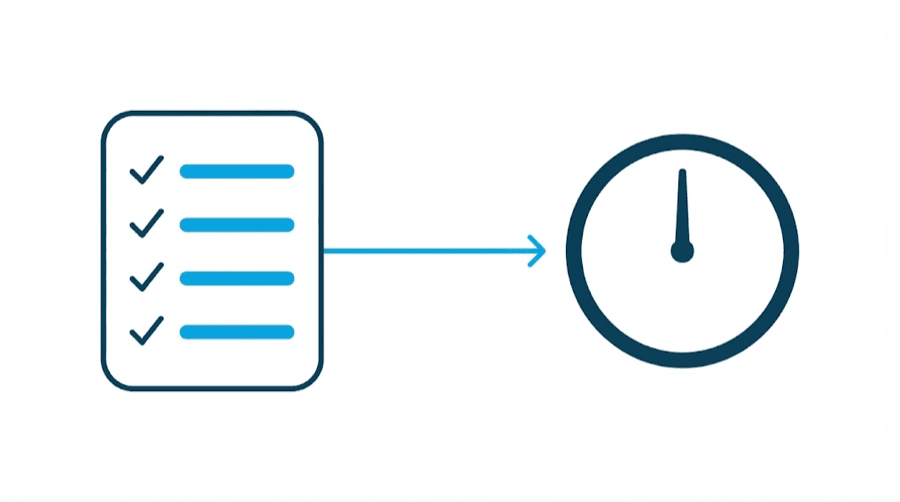 Illustration: a simple checklist card with four ticked lines beside a clock showing midday
