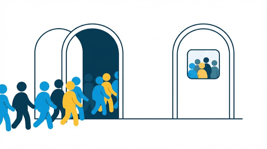 Illustration: two arched doorways, one open with blank figures streaming through it and one closed with a small framed group already inside