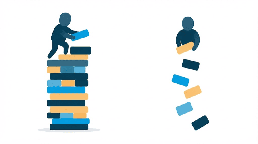 Illustration: on one side a tower of stacked blocks growing upward, on the other single blocks falling away one by one
