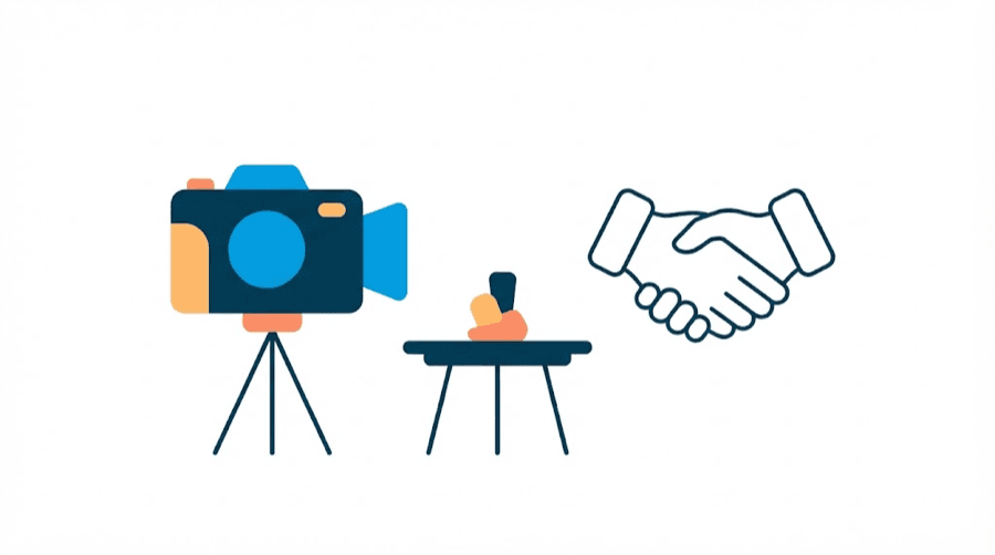 Illustration: a simple camera shape pointed at a single object on a table, with a handshake outline beside it
