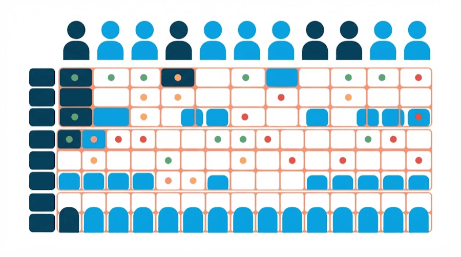 Illustration: a wide grid of rows and columns with coloured markers, laid out like a comparison chart
