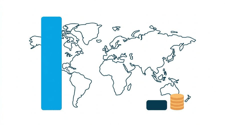 Illustration: a bar rising steadily on one side of a world map outline and a flat bar on the other side, with coins stacked beside the flat one