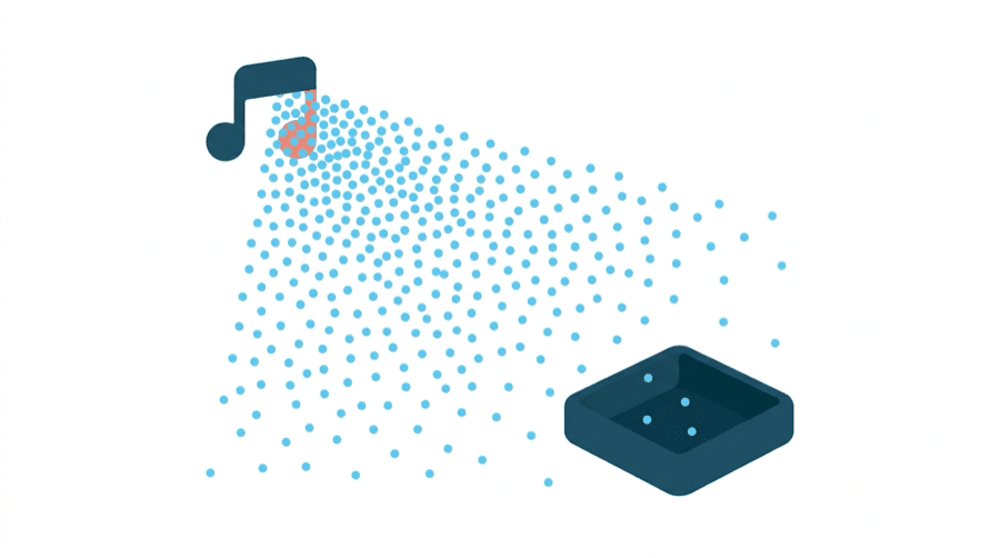 Illustration: a wide spray of bright dots leaving a small note shape, with only a few of the dots landing in a small collecting tray below