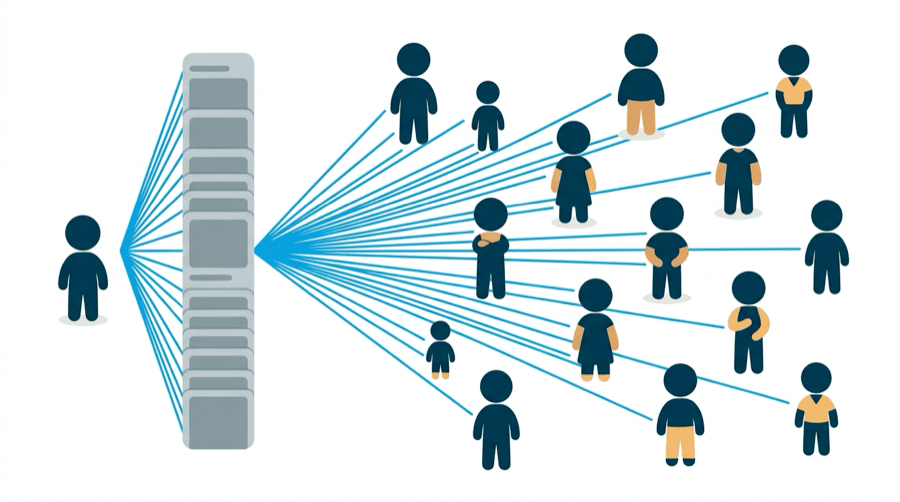 Illustration: a small blank figure on one side of a wide feed of stacked cards, with lines reaching out to many unfamiliar figures on the other side