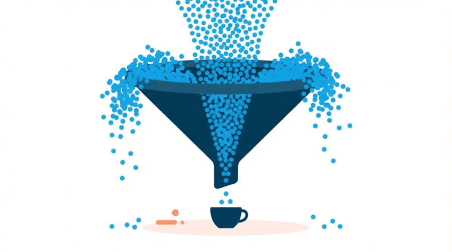 Illustration: a very wide funnel pouring into a tiny cup, with most of the flow spilling past the sides