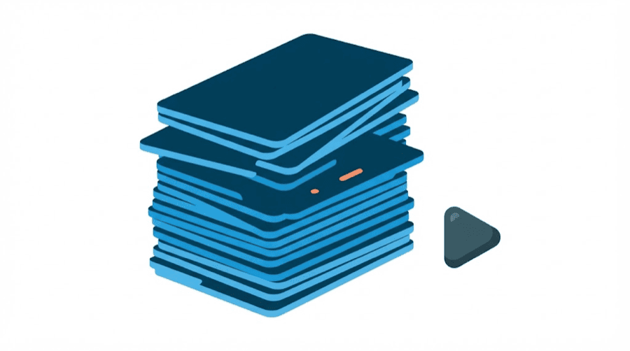 Illustration: a stack of flat paper sheets beside a small dark play triangle, the paper stack drawn much larger