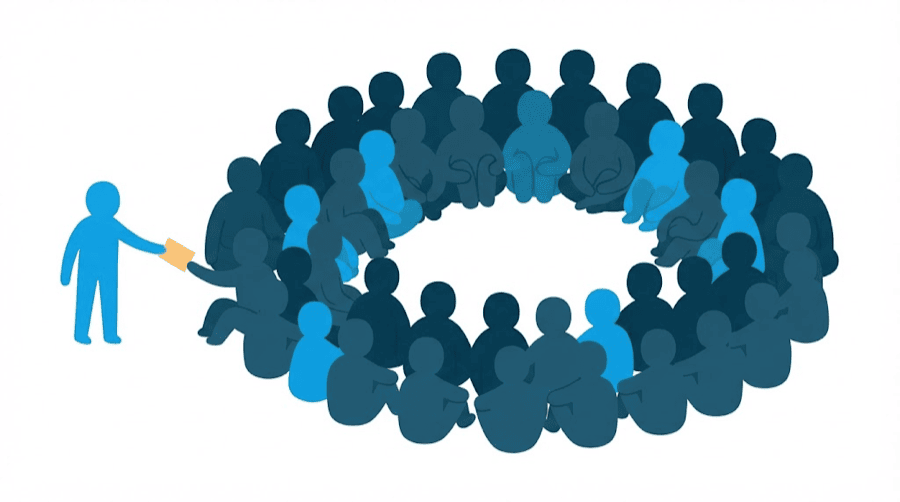Illustration: one small note being handed into a very large ring of blank figures already gathered together
