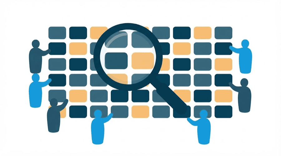 Illustration: a magnifying glass over a grid of flat rectangles, with blank figures reaching towards different squares