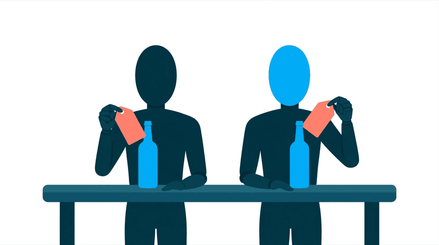 Illustration: two identical blue bottles stand side by side on a flat surface, one with a small coral price tag and one with a large coral price tag, and a figure stands between them
