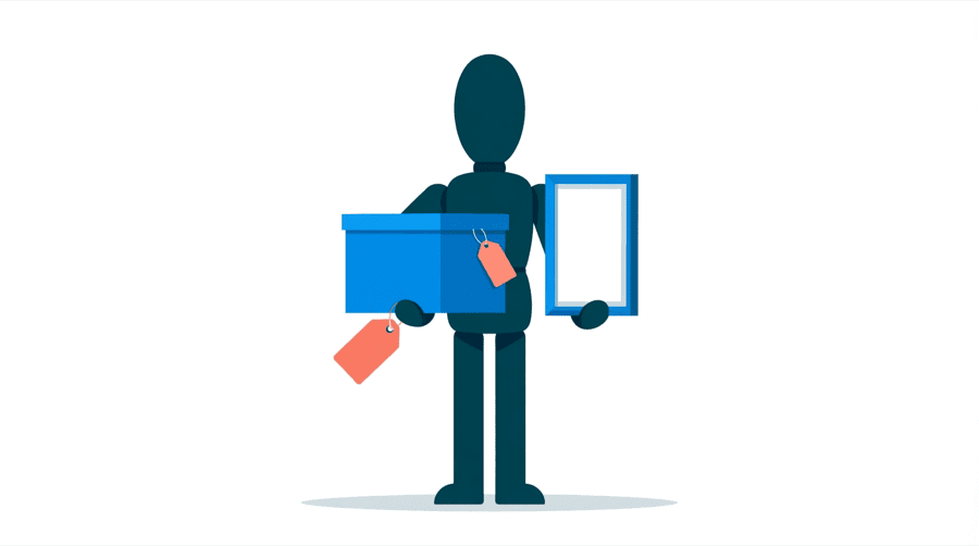 Illustration: a figure holds a large blue closed box on the left and an open transparent frame on the right, with a coral price tag hanging from the closed box only