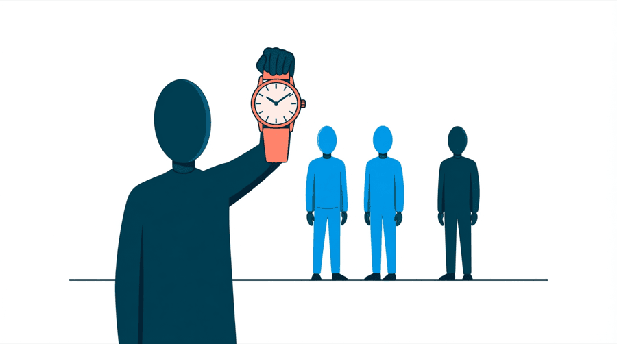 Illustration: a figure holds up a large coral wristwatch so that three other figures across the scene can see it clearly