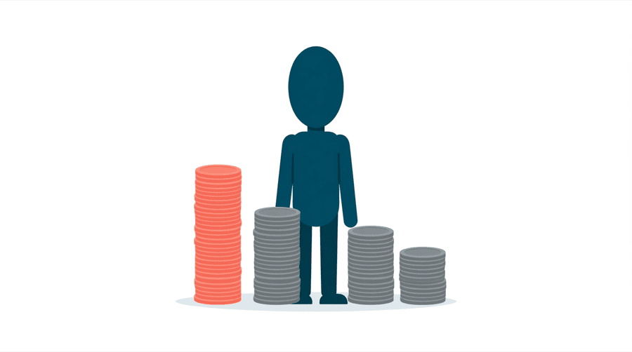 Illustration: a figure stands beside four stacks of coins, the first stack very tall and coral and the other three much shorter and plain gray