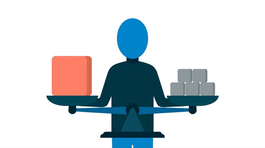Illustration: a figure stands at a wide balance scale with a single tall coral block on one side and a scattered row of small gray blocks on the other