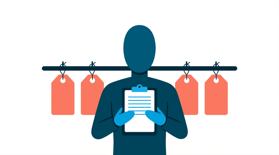Illustration: a figure holds a clipboard with four short lines on it while four coral price tags of increasing size hang on a rail behind