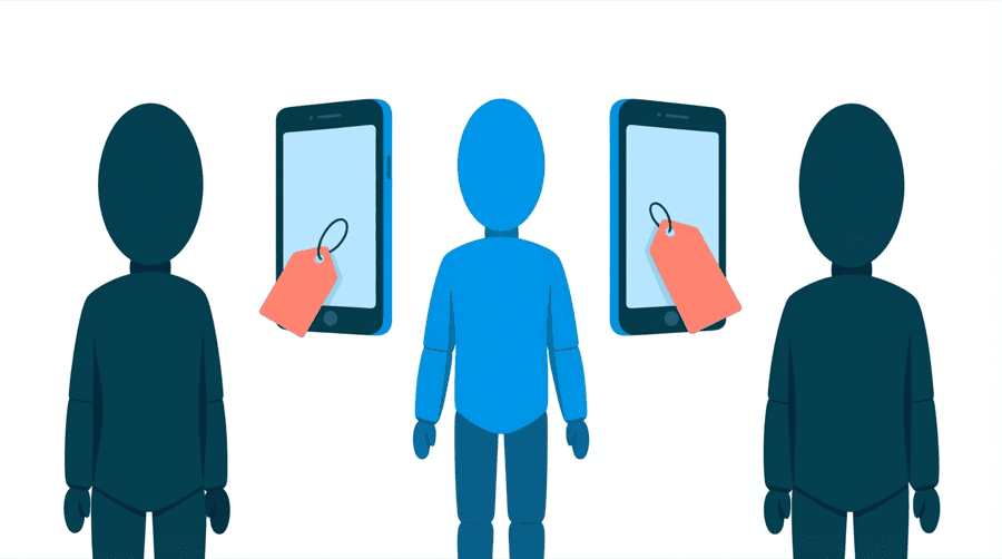 Illustration: three figures stand in a row with a tall phone frame between each pair, and each phone screen shows a coral price tag
