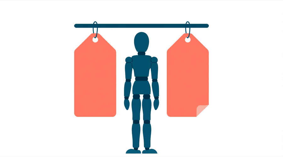 Illustration: a figure stands between two large coral price tags of the same size hanging from a rail, with the bottom corner of the right one folded over