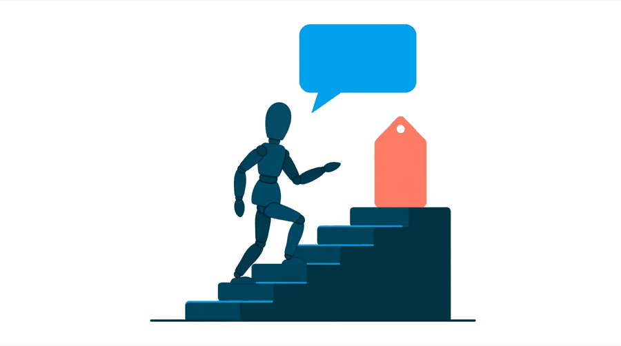 Illustration: a figure climbs a short flight of wide steps toward a raised coral price tag, with a small speech bubble shape floating above the top step