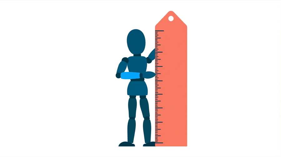 Illustration: a figure stands beside a very tall coral price tag that has measuring marks running up its left edge
