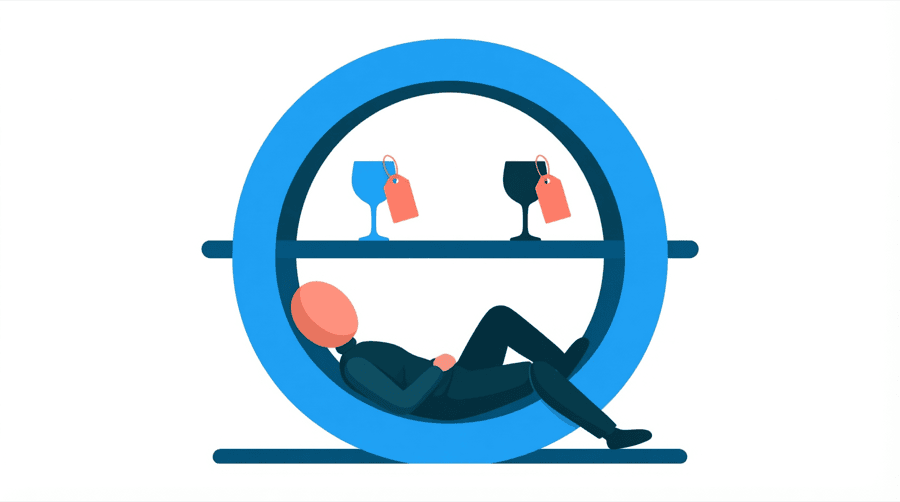 Illustration: a figure lies inside a large ring-shaped scanner while two identical wine glasses float above, one with a small coral tag and one with a large coral tag