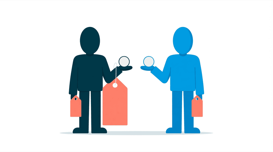 Illustration: two figures each hold one identical round white pill, with a tall coral price tag beside the left figure and a tiny coral price tag beside the right figure