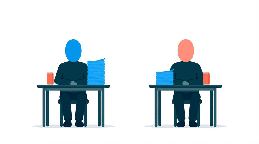 Illustration: two figures sit at separate desks solving puzzle grids, the left desk holding a tall stack of solved sheets and the right desk holding a much shorter stack