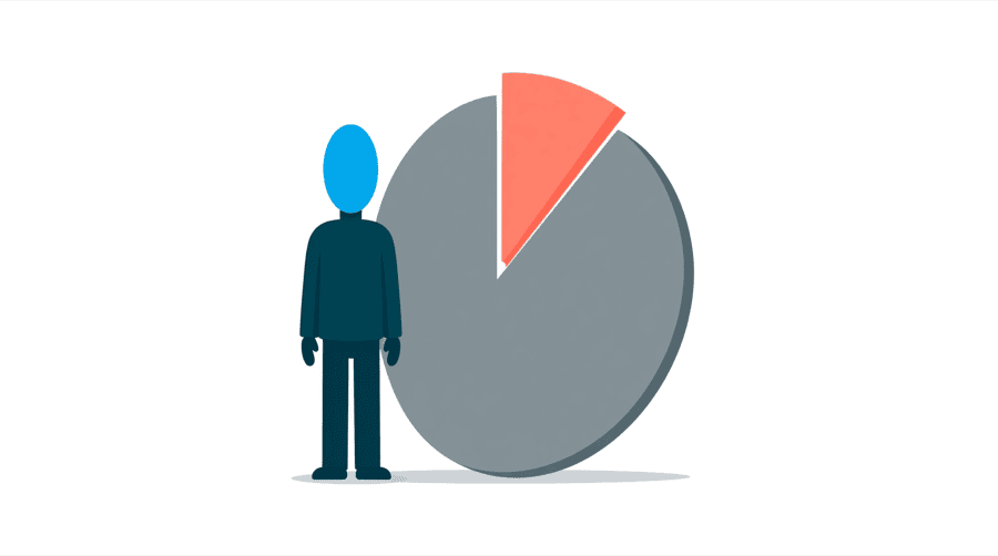 Illustration: a figure holds a large blue pie shape that is almost entirely plain gray with one very small coral slice cut out of it